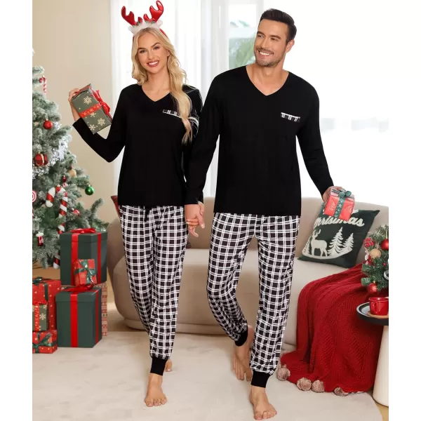 imageSWOMOG Adult Christmas Pajamas Buffalo Plaid Pajama Pants with Pockets Long Sleeve Tops for Couples ampamp FamilyZblack White Plaid