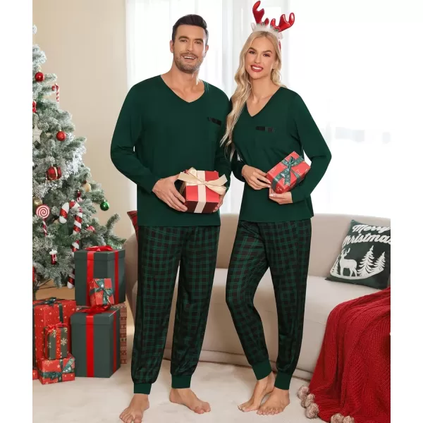 imageSWOMOG Adult Christmas Pajamas Buffalo Plaid Pajama Pants with Pockets Long Sleeve Tops for Couples ampamp FamilyZgreen