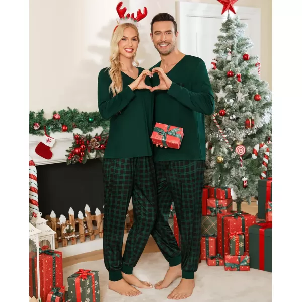 imageSWOMOG Adult Christmas Pajamas Buffalo Plaid Pajama Pants with Pockets Long Sleeve Tops for Couples ampamp FamilyZgreen