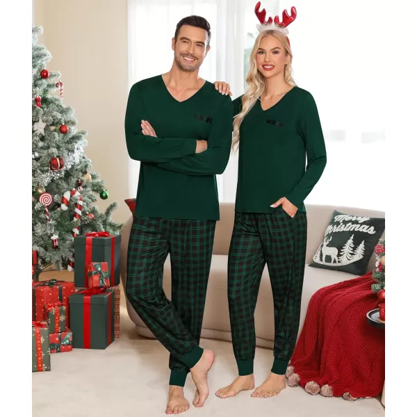 imageSWOMOG Adult Christmas Pajamas Buffalo Plaid Pajama Pants with Pockets Long Sleeve Tops for Couples ampamp FamilyZgreen