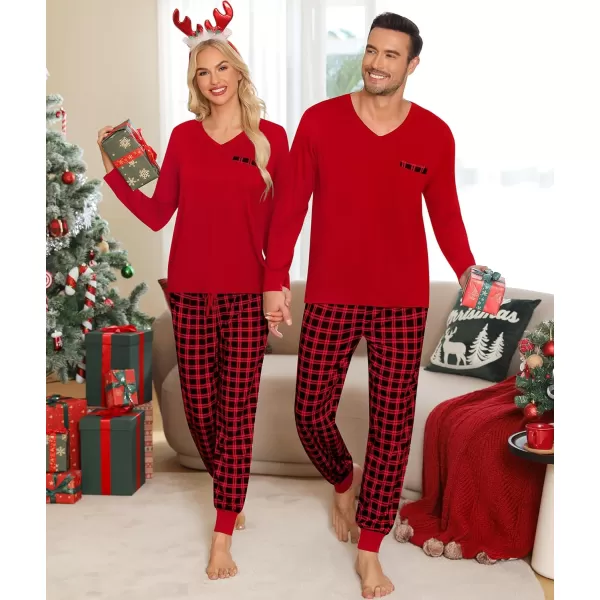 imageSWOMOG Adult Christmas Pajamas Buffalo Plaid Pajama Pants with Pockets Long Sleeve Tops for Couples ampamp FamilyZred