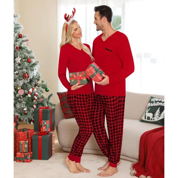 imageSWOMOG Adult Christmas Pajamas Buffalo Plaid Pajama Pants with Pockets Long Sleeve Tops for Couples ampamp FamilyZred