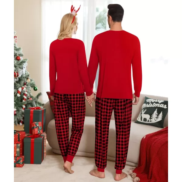 imageSWOMOG Adult Christmas Pajamas Buffalo Plaid Pajama Pants with Pockets Long Sleeve Tops for Couples ampamp FamilyZred