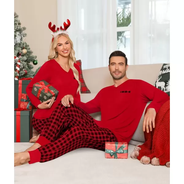 imageSWOMOG Adult Christmas Pajamas Buffalo Plaid Pajama Pants with Pockets Long Sleeve Tops for Couples ampamp FamilyZred