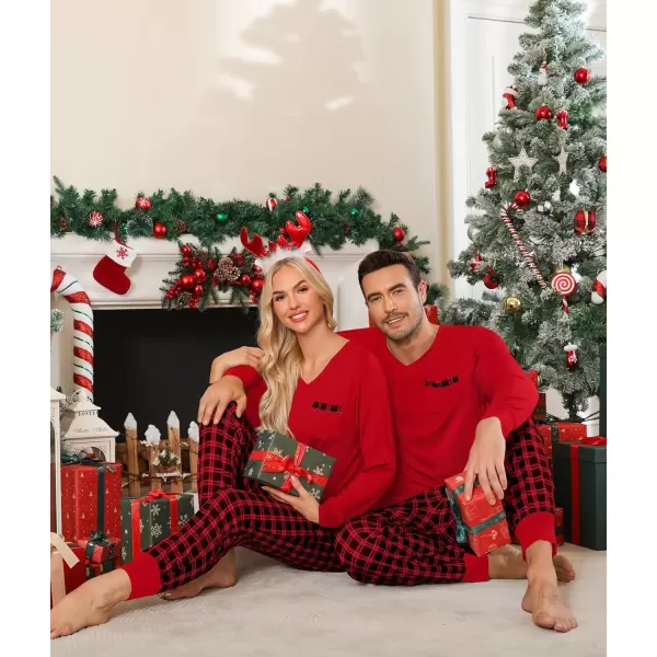 imageSWOMOG Adult Christmas Pajamas Buffalo Plaid Pajama Pants with Pockets Long Sleeve Tops for Couples ampamp FamilyZred