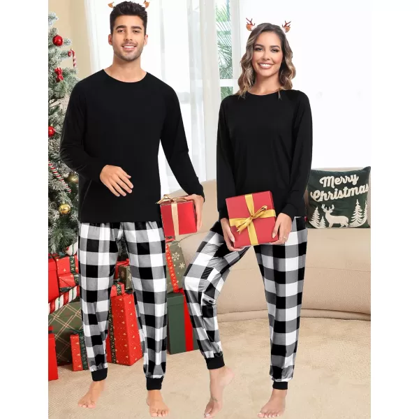 imageSWOMOG Christmas Matching Couple Pajamas Sets Family Xmas Jammies Casual LongSleeve Sleepwear Sets Festival PJ SetWhite Black Plaid