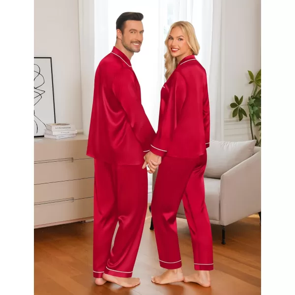 imageSWOMOG Couple Matching Pajamas Set Silk Satin Button Down Sleepwear Long Sleeve Nightwear 2 Pcs Pj SetA Red