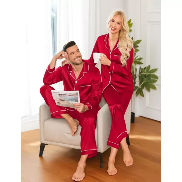 imageSWOMOG Couple Matching Pajamas Set Silk Satin Button Down Sleepwear Long Sleeve Nightwear 2 Pcs Pj SetA Red