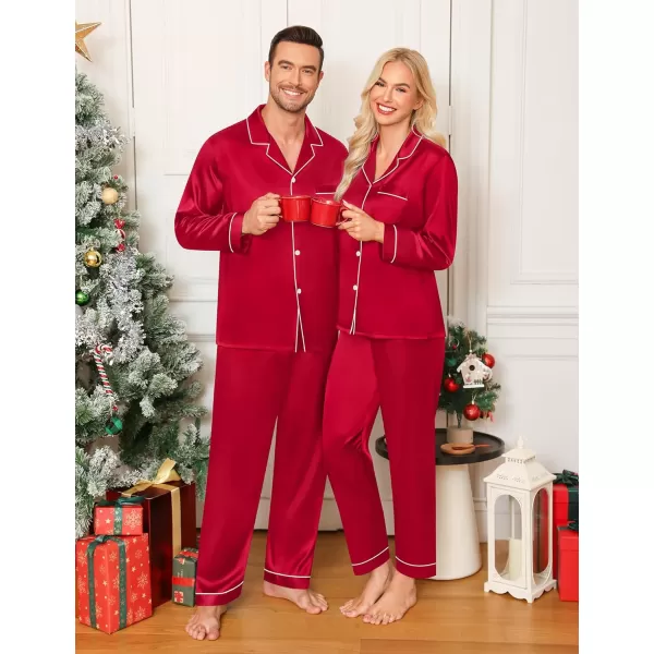 imageSWOMOG Couple Matching Pajamas Set Silk Satin Button Down Sleepwear Long Sleeve Nightwear 2 Pcs Pj SetA Red