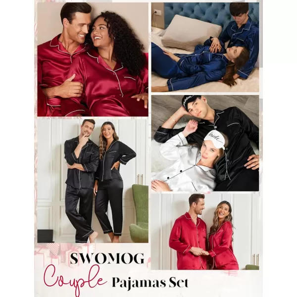 imageSWOMOG Couple Matching Pajamas Set Silk Satin Button Down Sleepwear Long Sleeve Nightwear 2 Pcs Pj SetA Red