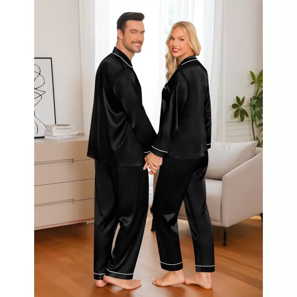 imageSWOMOG Couple Matching Pajamas Set Silk Satin Button Down Sleepwear Long Sleeve Nightwear 2 Pcs Pj SetBlack