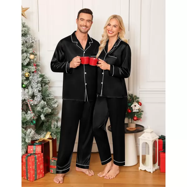 imageSWOMOG Couple Matching Pajamas Set Silk Satin Button Down Sleepwear Long Sleeve Nightwear 2 Pcs Pj SetBlack