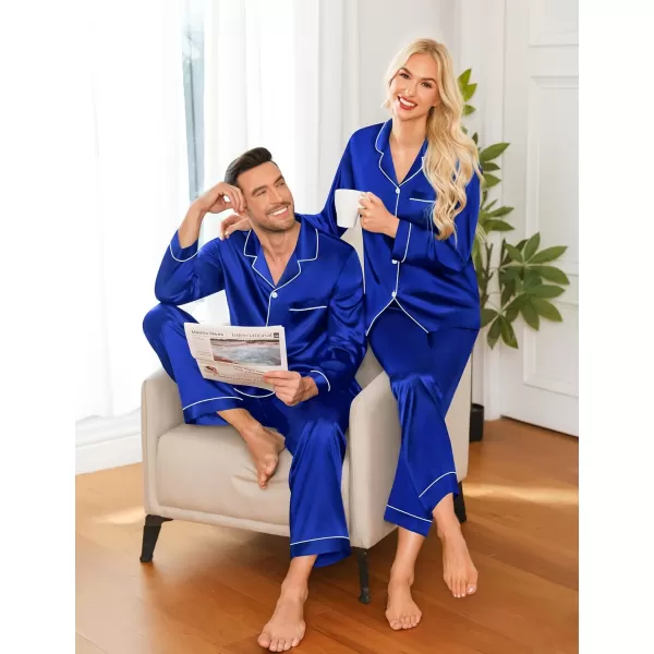 imageSWOMOG Couple Matching Pajamas Set Silk Satin Button Down Sleepwear Long Sleeve Nightwear 2 Pcs Pj SetBlue