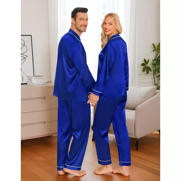 imageSWOMOG Couple Matching Pajamas Set Silk Satin Button Down Sleepwear Long Sleeve Nightwear 2 Pcs Pj SetBlue