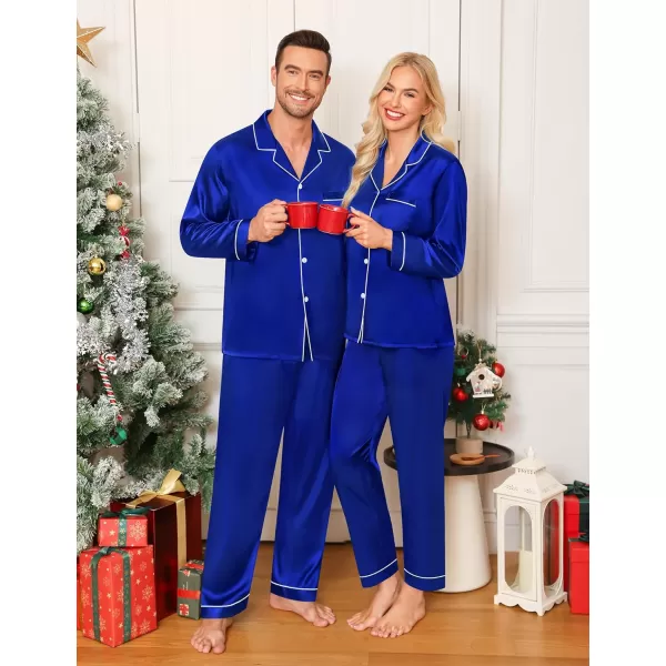 imageSWOMOG Couple Matching Pajamas Set Silk Satin Button Down Sleepwear Long Sleeve Nightwear 2 Pcs Pj SetBlue