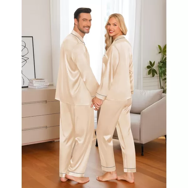 imageSWOMOG Couple Matching Pajamas Set Silk Satin Button Down Sleepwear Long Sleeve Nightwear 2 Pcs Pj SetChampagne