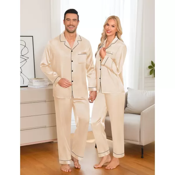 imageSWOMOG Couple Matching Pajamas Set Silk Satin Button Down Sleepwear Long Sleeve Nightwear 2 Pcs Pj SetChampagne