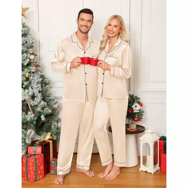 imageSWOMOG Couple Matching Pajamas Set Silk Satin Button Down Sleepwear Long Sleeve Nightwear 2 Pcs Pj SetChampagne