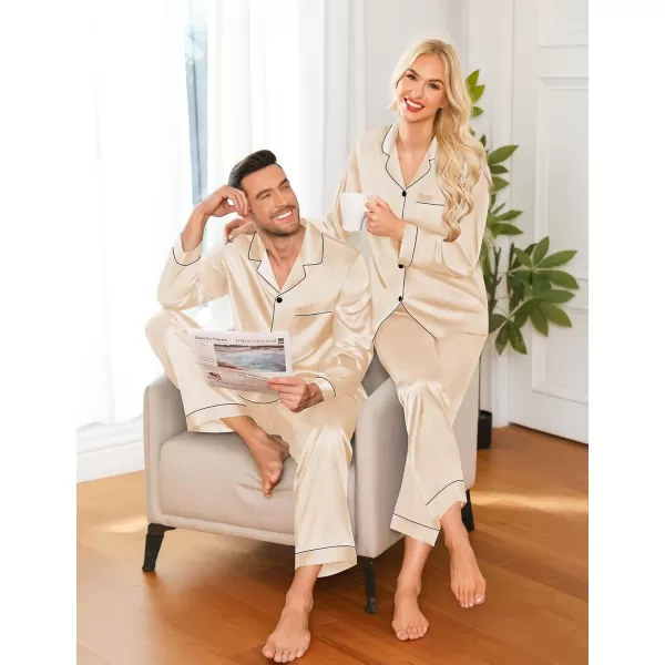 imageSWOMOG Couple Matching Pajamas Set Silk Satin Button Down Sleepwear Long Sleeve Nightwear 2 Pcs Pj SetChampagne