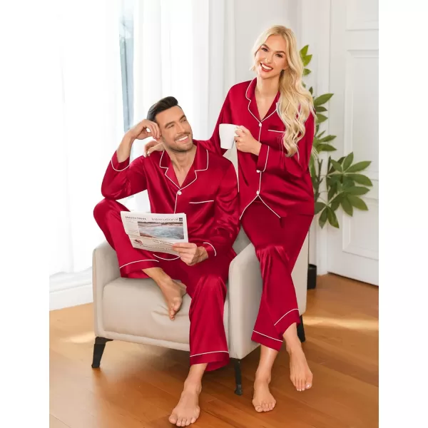 imageSWOMOG Couple Matching Pajamas Set Silk Satin Button Down Sleepwear Long Sleeve Nightwear 2 Pcs Pj SetCherry Red