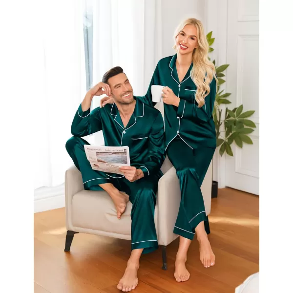 imageSWOMOG Couple Matching Pajamas Set Silk Satin Button Down Sleepwear Long Sleeve Nightwear 2 Pcs Pj SetDeep Green