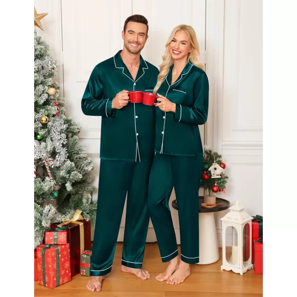 imageSWOMOG Couple Matching Pajamas Set Silk Satin Button Down Sleepwear Long Sleeve Nightwear 2 Pcs Pj SetDeep Green