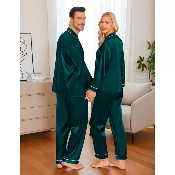 imageSWOMOG Couple Matching Pajamas Set Silk Satin Button Down Sleepwear Long Sleeve Nightwear 2 Pcs Pj SetDeep Green