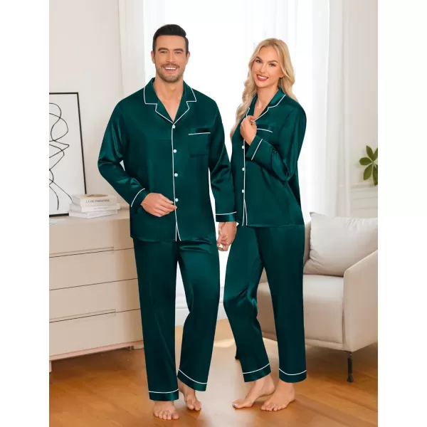 imageSWOMOG Couple Matching Pajamas Set Silk Satin Button Down Sleepwear Long Sleeve Nightwear 2 Pcs Pj SetDeep Green