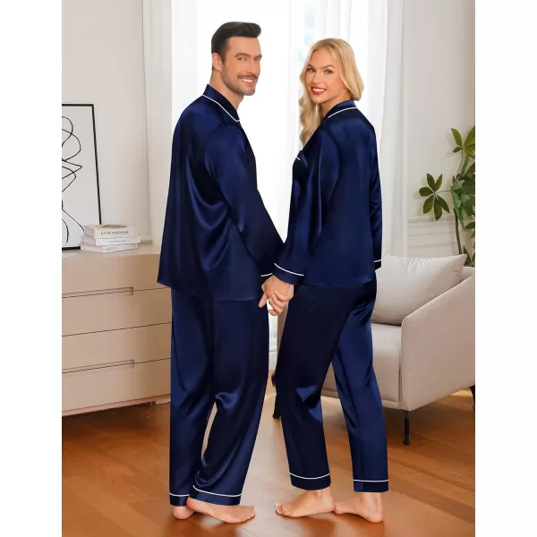 imageSWOMOG Couple Matching Pajamas Set Silk Satin Button Down Sleepwear Long Sleeve Nightwear 2 Pcs Pj SetDeep Navy Blue