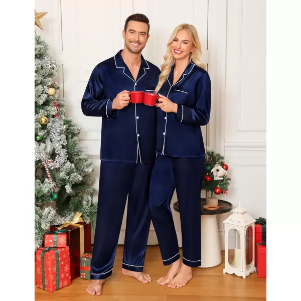 imageSWOMOG Couple Matching Pajamas Set Silk Satin Button Down Sleepwear Long Sleeve Nightwear 2 Pcs Pj SetDeep Navy Blue