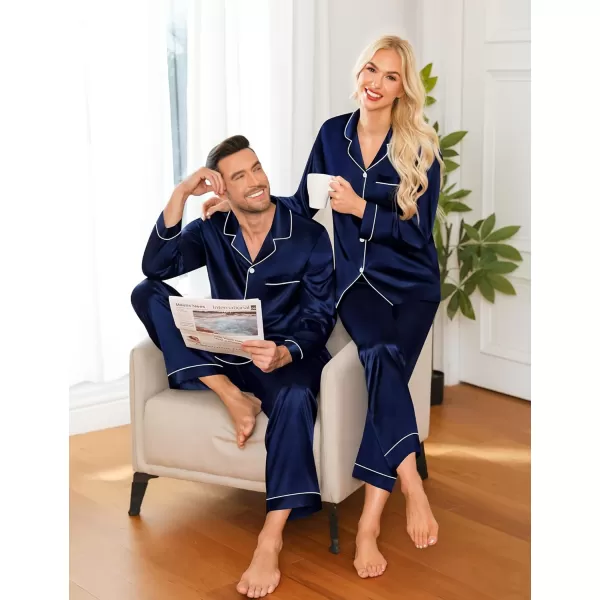 imageSWOMOG Couple Matching Pajamas Set Silk Satin Button Down Sleepwear Long Sleeve Nightwear 2 Pcs Pj SetDeep Navy Blue