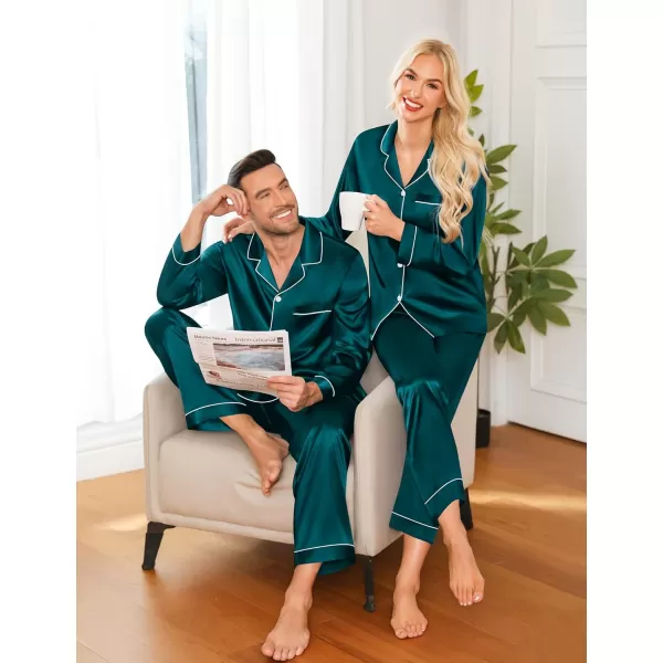 imageSWOMOG Couple Matching Pajamas Set Silk Satin Button Down Sleepwear Long Sleeve Nightwear 2 Pcs Pj SetGreen