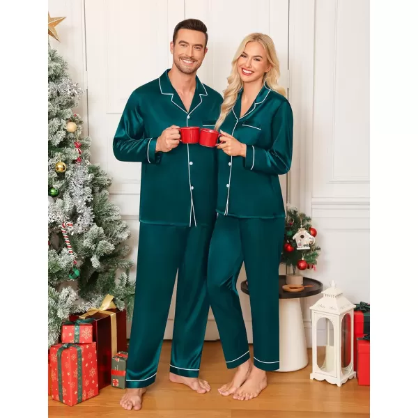 imageSWOMOG Couple Matching Pajamas Set Silk Satin Button Down Sleepwear Long Sleeve Nightwear 2 Pcs Pj SetGreen