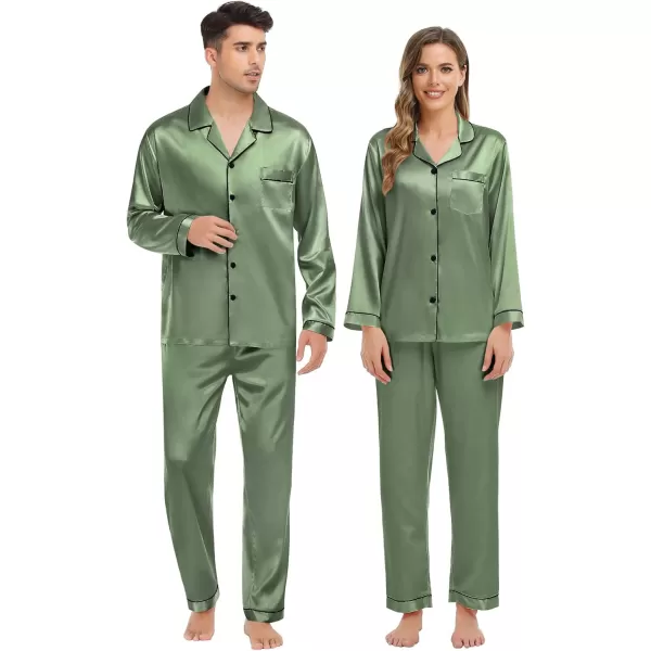 imageSWOMOG Couple Matching Pajamas Set Silk Satin Button Down Sleepwear Long Sleeve Nightwear 2 Pcs Pj SetMatcha