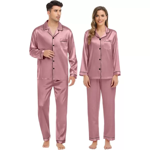 imageSWOMOG Couple Matching Pajamas Set Silk Satin Button Down Sleepwear Long Sleeve Nightwear 2 Pcs Pj SetMisty Rose