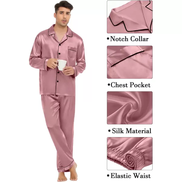 imageSWOMOG Couple Matching Pajamas Set Silk Satin Button Down Sleepwear Long Sleeve Nightwear 2 Pcs Pj SetMisty Rose