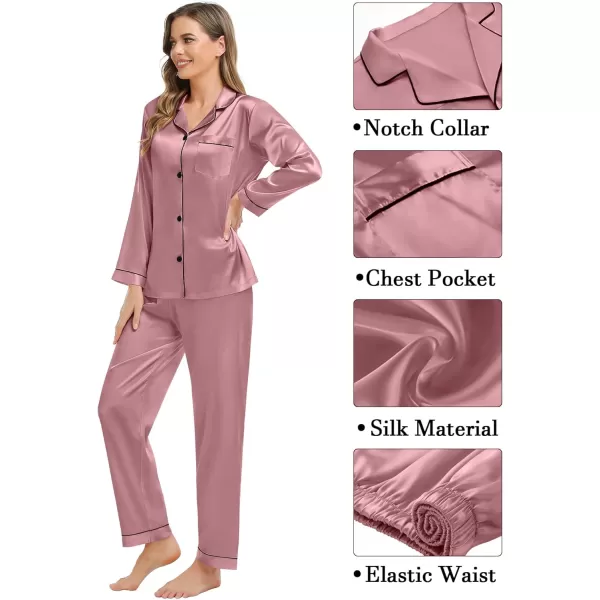 imageSWOMOG Couple Matching Pajamas Set Silk Satin Button Down Sleepwear Long Sleeve Nightwear 2 Pcs Pj SetMisty Rose