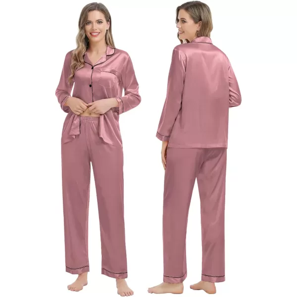 imageSWOMOG Couple Matching Pajamas Set Silk Satin Button Down Sleepwear Long Sleeve Nightwear 2 Pcs Pj SetMisty Rose