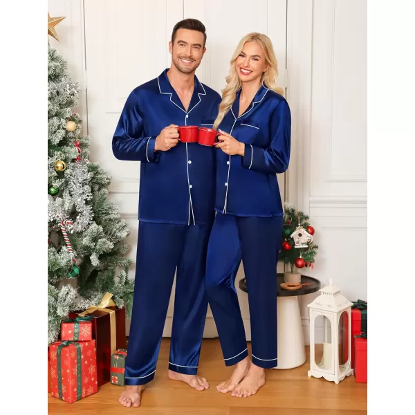 imageSWOMOG Couple Matching Pajamas Set Silk Satin Button Down Sleepwear Long Sleeve Nightwear 2 Pcs Pj SetNavy Blue