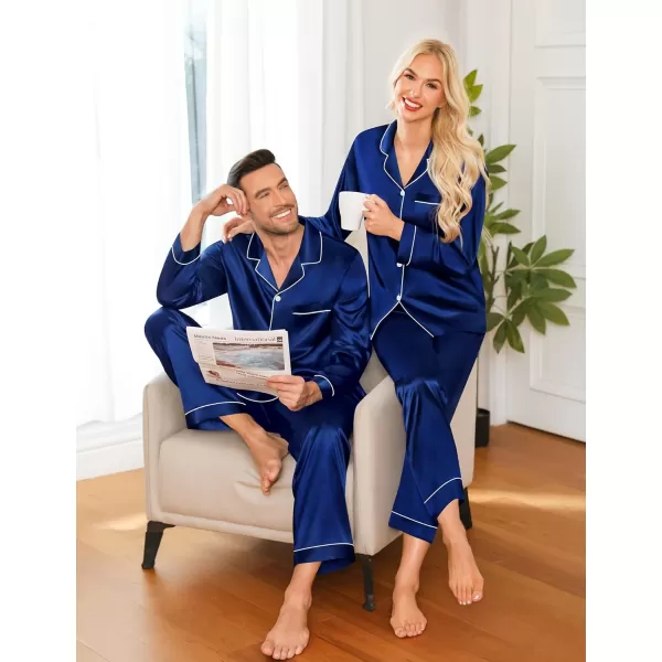 imageSWOMOG Couple Matching Pajamas Set Silk Satin Button Down Sleepwear Long Sleeve Nightwear 2 Pcs Pj SetNavy Blue