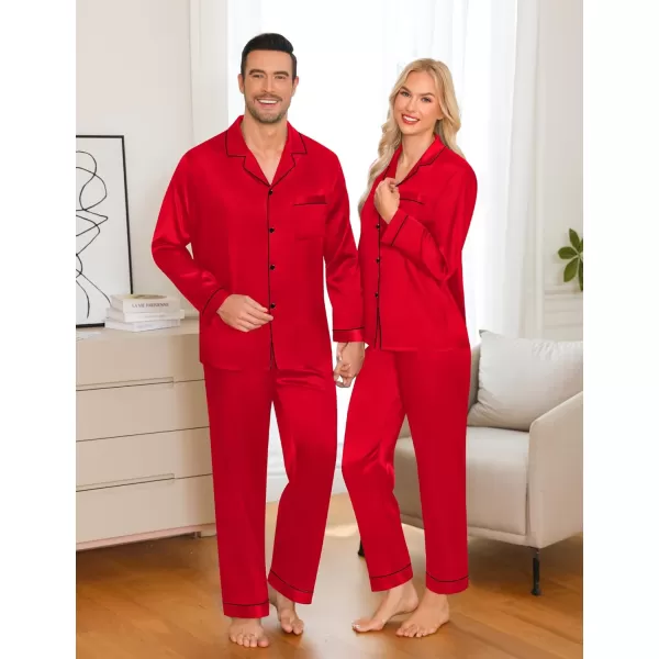 imageSWOMOG Couple Matching Pajamas Set Silk Satin Button Down Sleepwear Long Sleeve Nightwear 2 Pcs Pj SetRed Candy