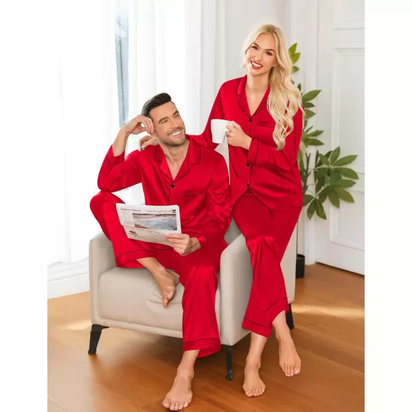 imageSWOMOG Couple Matching Pajamas Set Silk Satin Button Down Sleepwear Long Sleeve Nightwear 2 Pcs Pj SetRed Candy