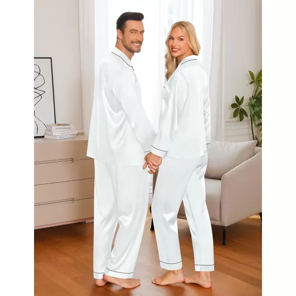 imageSWOMOG Couple Matching Pajamas Set Silk Satin Button Down Sleepwear Long Sleeve Nightwear 2 Pcs Pj SetWhite