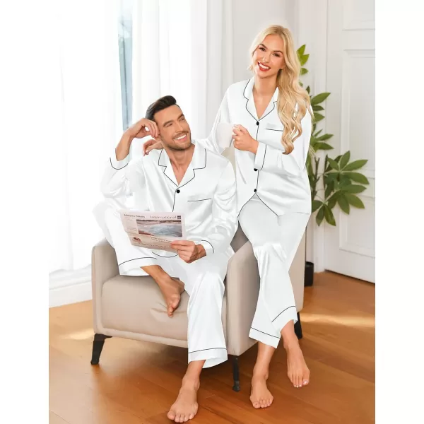 imageSWOMOG Couple Matching Pajamas Set Silk Satin Button Down Sleepwear Long Sleeve Nightwear 2 Pcs Pj SetWhite