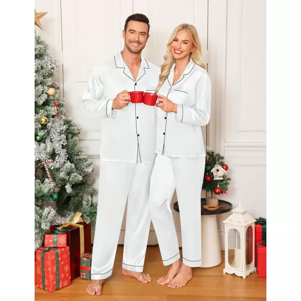 imageSWOMOG Couple Matching Pajamas Set Silk Satin Button Down Sleepwear Long Sleeve Nightwear 2 Pcs Pj SetWhite