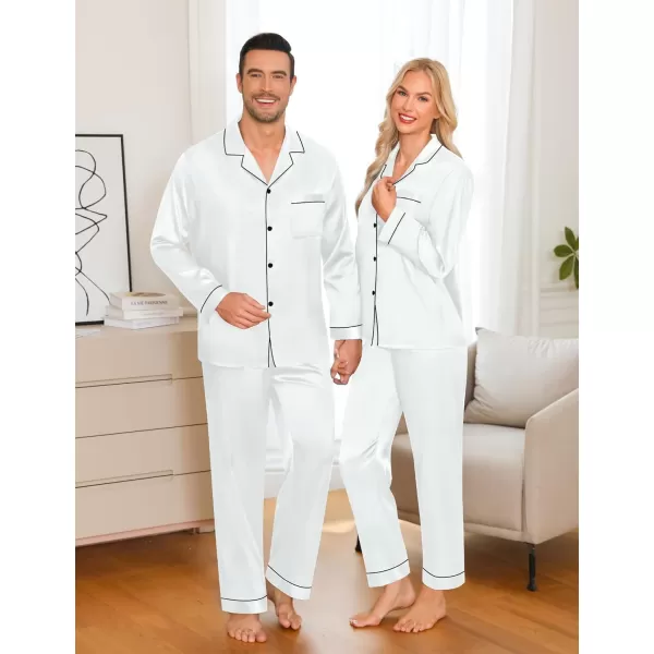 imageSWOMOG Couple Matching Pajamas Set Silk Satin Button Down Sleepwear Long Sleeve Nightwear 2 Pcs Pj SetWhite