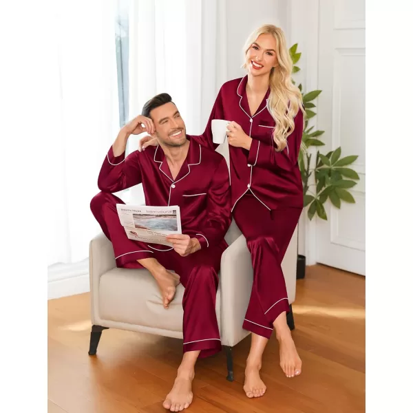 imageSWOMOG Couple Matching Pajamas Set Silk Satin Button Down Sleepwear Long Sleeve Nightwear 2 Pcs Pj SetWine Red