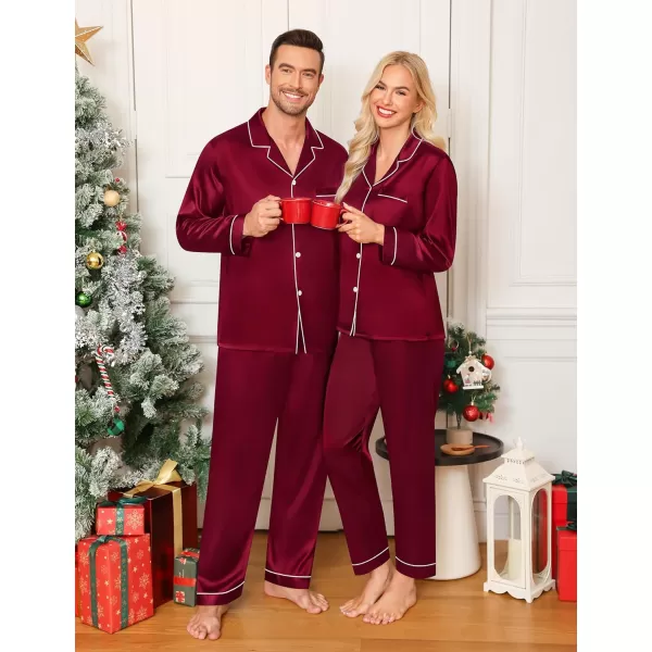 imageSWOMOG Couple Matching Pajamas Set Silk Satin Button Down Sleepwear Long Sleeve Nightwear 2 Pcs Pj SetWine Red