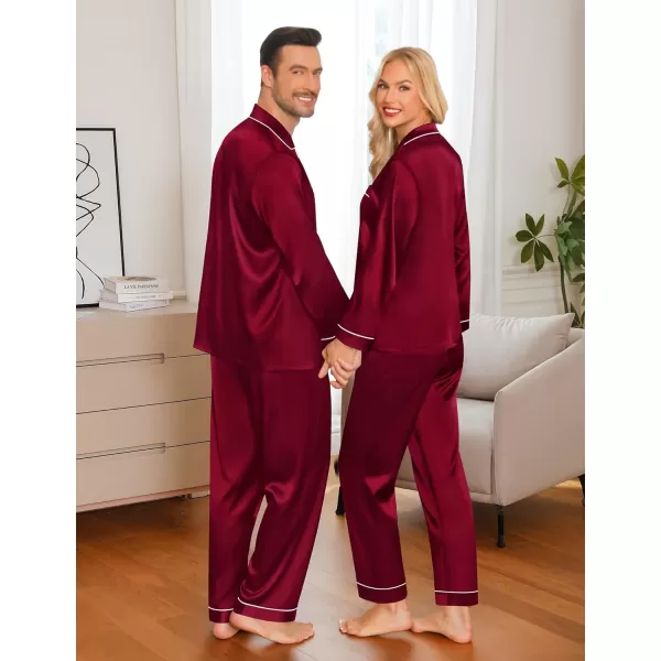 imageSWOMOG Couple Matching Pajamas Set Silk Satin Button Down Sleepwear Long Sleeve Nightwear 2 Pcs Pj SetWine Red