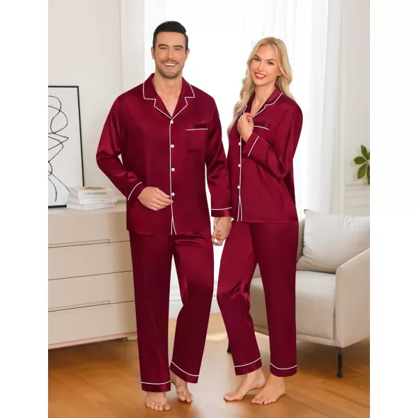 imageSWOMOG Couple Matching Pajamas Set Silk Satin Button Down Sleepwear Long Sleeve Nightwear 2 Pcs Pj SetWine Red